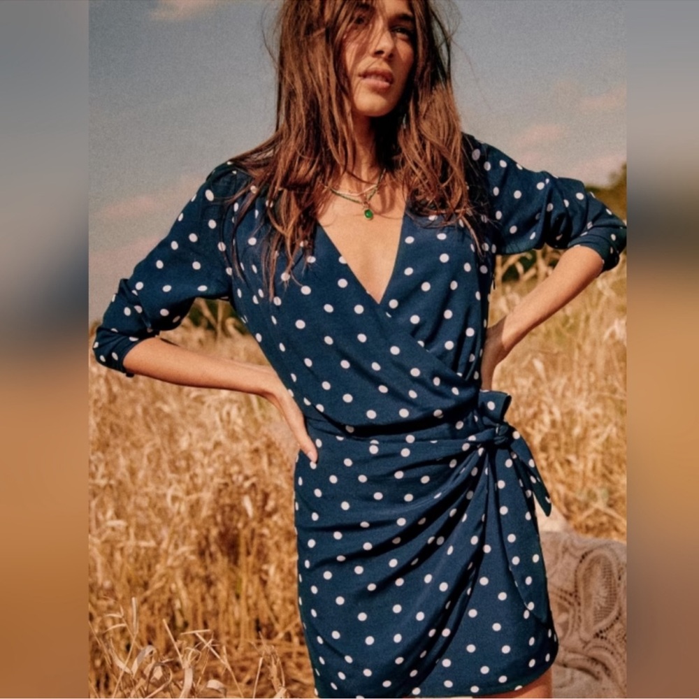 Sezane Blue Polka Dot Long Sleeve Dress